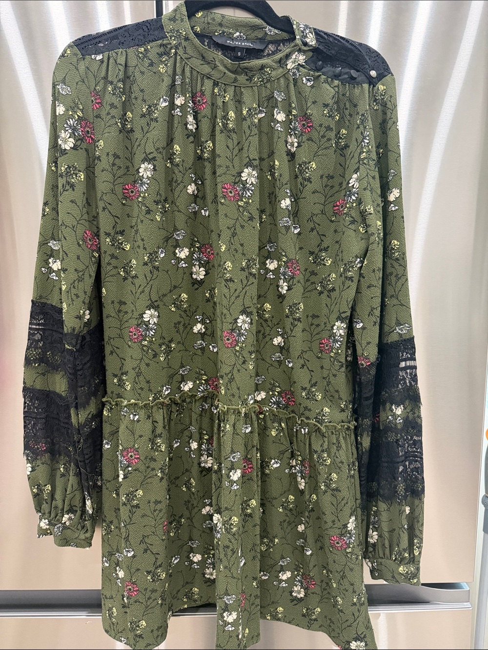 Walter Baker Olive Floral Long Sleeve Dress with Black Lace